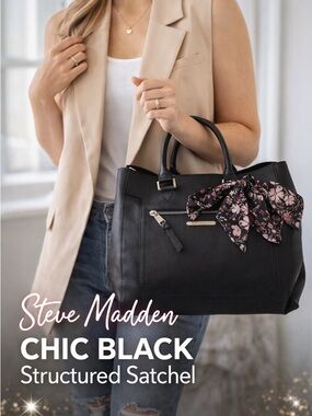 Steve Madden Black Structured Satchel Tote w/ Scarf Accent